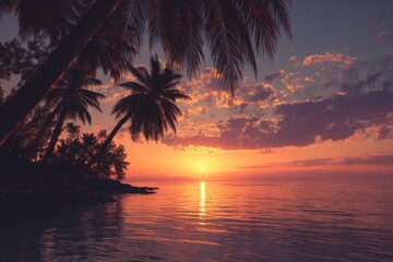 Vibrant tropical sunset over the ocean with silhouetted palm trees and reflections on the water