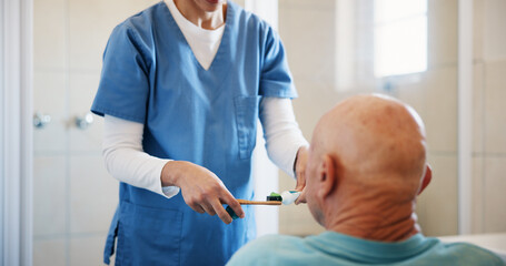 Nurse, hands and toothbrush for old man in bathroom, assisted living and dental hygiene in home....