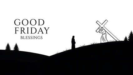 Good friday good friday scene with jesus carrying cross on hill in black and white illustration with blessings text