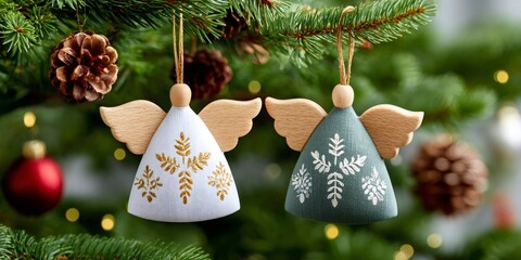 Fototapeta premium White and green wooden angels hanging on Christmas tree