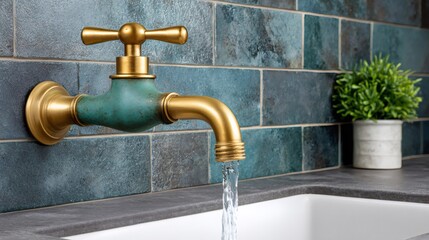 Vintage brass faucet running water into white sink
