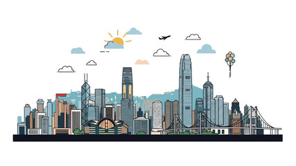 Fototapeta premium Vibrant modern city skyline illustration with towering skyscrapers under a bright sunny sky and dynamic urban elements in a clean line art style