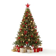A festive christmas tree adorned with red and gold decorations and presents underneath