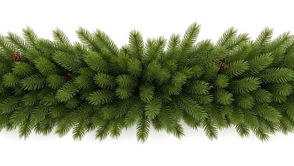 A lush green christmas garland with pine cones and berries on white background.