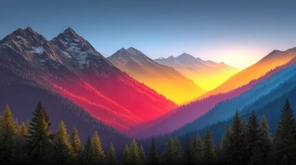 Vibrant mountain range at sunset with colorful sky and trees in foreground