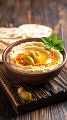 Close-up of hummus in a brown bowl with olives, herbs, and pita