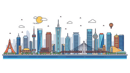 Fototapeta premium Vibrant vector art illustrating a modern urban skyline with skyscrapers, a bridge, and green spaces, ideal for travel, architecture, and city life