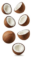 Multiple whole and halved coconuts falling or floating against a pure white background