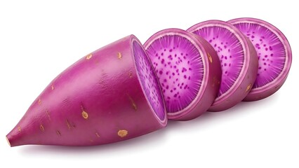 Vibrant purple sweet potato cut into circular slices against a clean white background