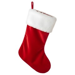 A red christmas stocking with white fur cuff hanging on a white background