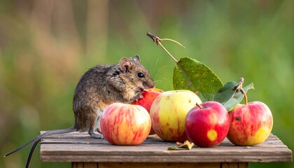 A small rodent enjoying apples on a wooden surface, set against a blurred green backdrop
