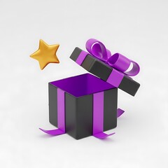 A stylized 3d render of an open black gift box with purple interior and ribbon