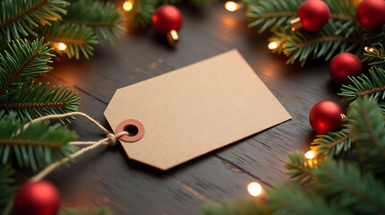 Obraz premium Blank kraft gift tag on dark wooden table with Christmas fir branches lights and red baubles