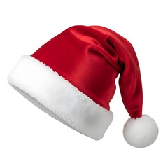 A classic red santa hat with fluffy white trim and pom-pom on white background
