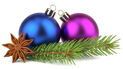 Two colorful christmas ornaments with pine branch and star anise on white background