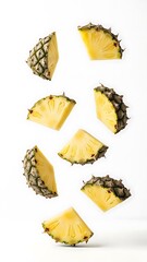 Fresh pineapple slices scattered on a white background, highlighting healthy fruit