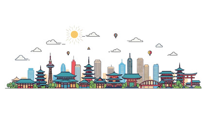 Obraz premium Vector illustration of a modern cityscape with diverse architectural landmarks, hot air balloons, and an aircraft, symbolizing urban development and travel