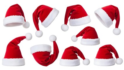 A collection of festive red and white santa hats isolated on a white background