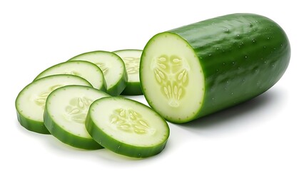 Fresh cucumber cut into slices on a white background, highlighting its vibrant green color
