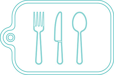 Teal outline of cutting board with fork knife spoon