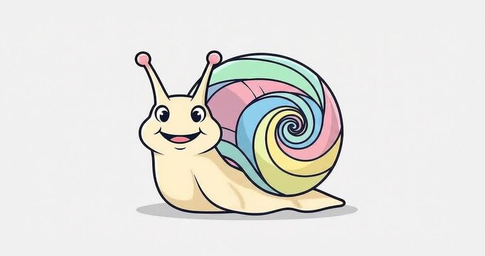 Colorful cartoon snail with a spiral shell smiling against a plain background