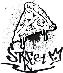 Graffiti with a piece of pizza, cheese, mushrooms, paint splashes, drips, text, 