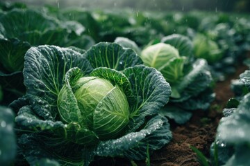 Obraz premium Fresh young cabbage grows in a lush organic farming field under gentle rain in a vibrant agricultural landscape