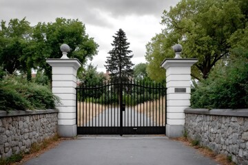 Naklejka premium Elegant black iron gate leading to private mansion