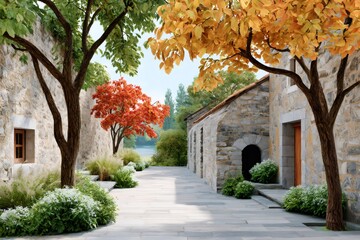 Fototapeta premium Village stone house pathway with autumn foliage