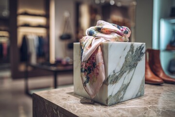 Elegant silk scarf artfully displayed on a marble cube in a stylish boutique showcasing modern fashion items and accessories