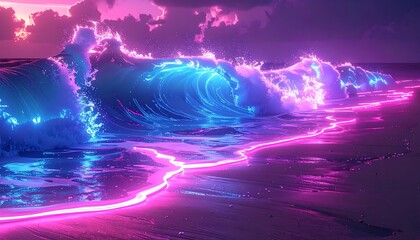 Neon waves crash ashore under a dramatic pink and purple sky, reflecting vibrant colors onto the sandy beach