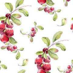 Watercolor lingonberry and cranberry seamless pattern on white. Hand drawn berry fruit illustration with green leaves and dewdrop for botanical repeat background. Summer print of fresh red berries.