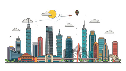 Obraz premium Detailed Line Art Illustration of a Modern Metropolitan Skyline with Tall Skyscrapers, an Iconic Bridge, and an Airplane Flying Against a Bright Sky, Capturing Urban Development and Travel
