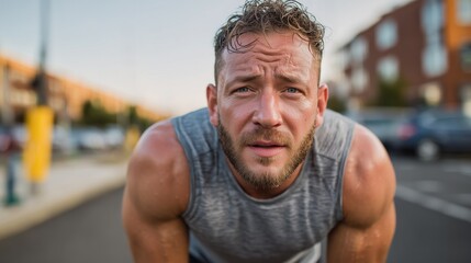 Sweaty man pausing during outdoor exercise, feeling fatigue and determination