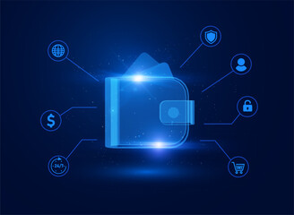 Digital wallet, glowing E-wallet, vector online payment, banking service application, mobile banking, money transaction
