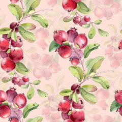 Seamless forest berries watercolor pattern isolated on soft pink. Watercolor cranberry branches lingonberry hand painted. Repeat botanical vibrant background for fabric and textile. Cowberry print.
