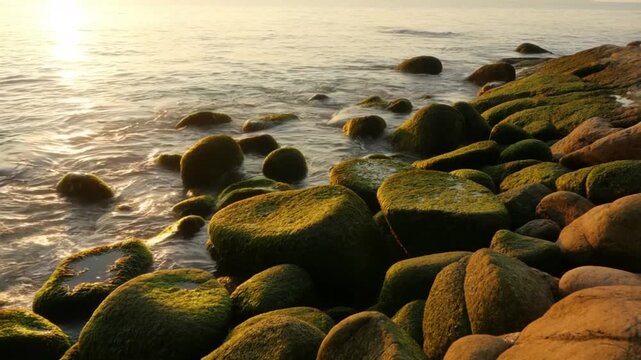 A calming timelapse of the ocean tide in a rocky cove with water rhythmically advancing and receding against moss-covered stones at golden hour, concept of eternal marine rhythm