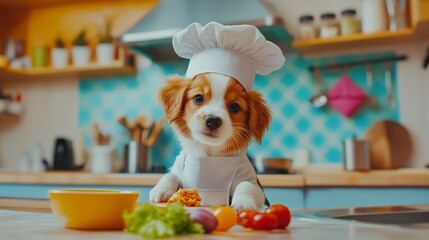 Adorable puppy chef cooking in kitchen cute dog wearing chef hat preparing food recipe