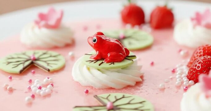 Colorful dessert featuring a red frog on a green lily pad, surrounded by strawberries and decorative elements