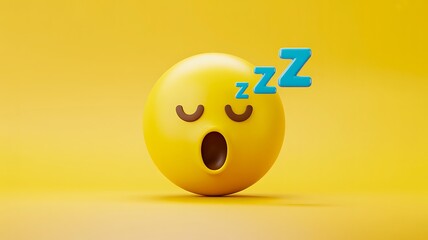 3d rendering of a sleeping emoji face with zzz letters floating above, against a solid yellow background, concept of tiredness, sleepiness, or rest