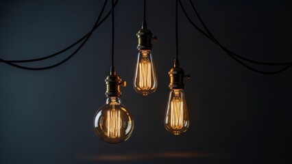 Three vintage Edison light bulbs hanging against a dark background, glowing with warm light.