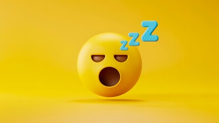 3d rendering of a sleepy or tired yellow emoji face with open mouth and zzz symbols floating above it, set against a solid bright yellow background