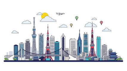 Obraz premium Dynamic line art illustration of a bustling global metropolis skyline, featuring diverse modern architectural landmarks, high-rise buildings, and a prominent bridge under a bright, sunny sky