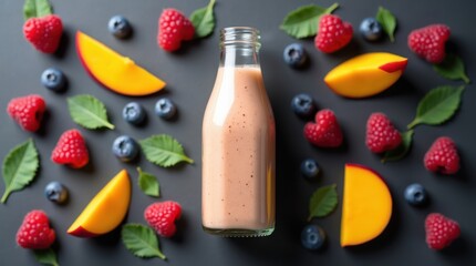 Refreshing mango berry smoothie in a glass bottle surrounded by fresh fruit
