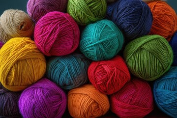 Vibrant selection of colorful yarn balls arranged in a pleasing display at a crafts shop during daylight hours