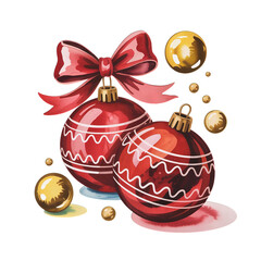 Elegant watercolor Christmas ornaments with red bows and gold accents on a black background bring holiday cheer
