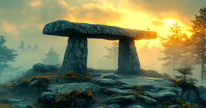 Ancient stone structure at sunset with misty background