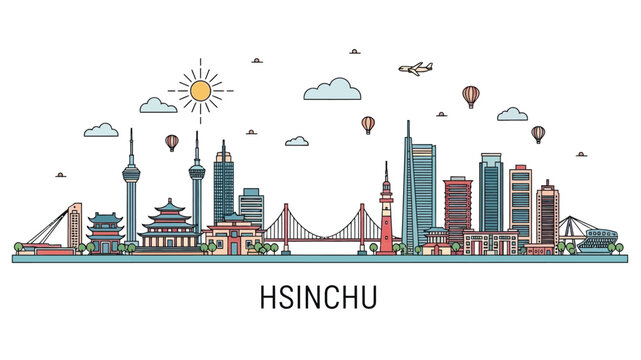 Vibrant line art illustration of the Hsinchu city skyline in Taiwan, featuring iconic landmarks, modern architecture, and a dynamic urban landscape with colorful elements