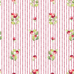 Lingonberry and cranberry watercolor pattern with green leaves on red pink vertical stripes. Natural seamless botanical print for fresh summer design. Red berries hand painted on stripe texture.