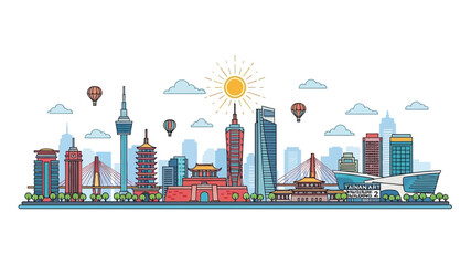 Fototapeta premium A detailed vector illustration of a bustling city skyline with iconic landmarks, hot air balloons, and a bright sun